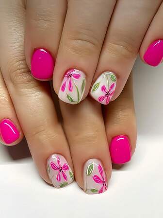 Mejora tu apariencia con 24 piezas de uñas postizas de forma cuadrada corta. Estilo chic y simple Y2K en color rosa sólido, con base nude blanca, flores rosas y hojas verdes. Incluye 1 hoja de adhesivos y 1 lima de uñas. Envío aleatorio de suministros para uñas.