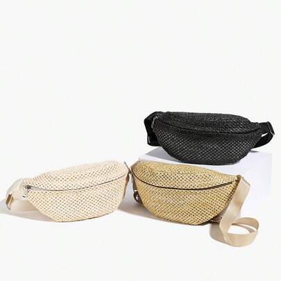 1 件女士优雅草编腰包，镂空透气轻便时尚百搭大容量腰包，适合度假、海滩旅行