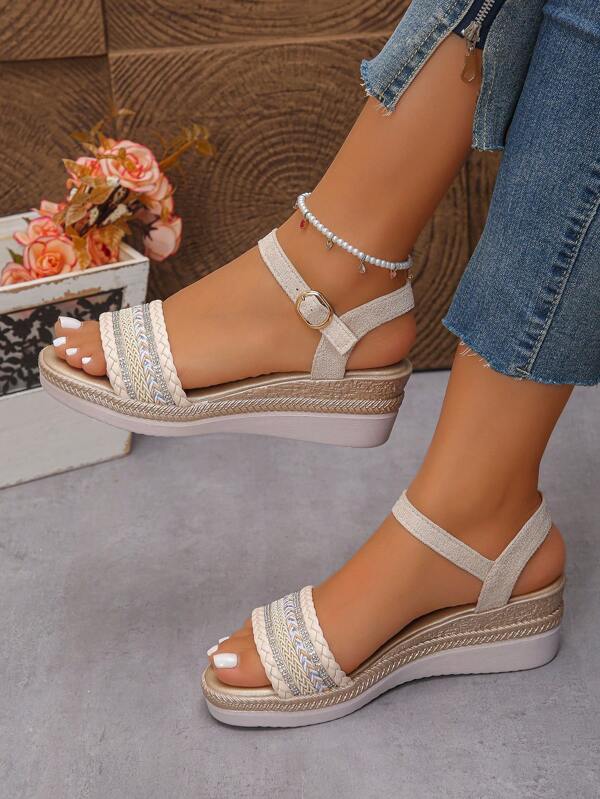 Damen Sommer Neue Snake Skin Muster Keilabsatz Sandalen, Goldfarben, vielseitig, Knöchelriemen Keilsandalen., Komfortable Beige Wildleder Boho Stil Runde Zehe Urlaub Keilsandalen