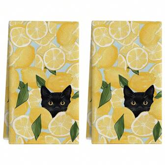 Set Of 2 Yellow Lemon Black Cat Summer Kitchen Towels Dish Towels, 18x26 Inch Leaves Farmhouse Summer Seasonal Decoration Hand Towels