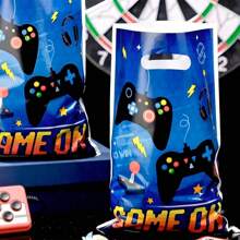 10pcs/30pcs/50pcs Game Controller Theme Gift Bags, Black & Blue Color, Game Player, Lightning, Game On, Star Pattern, Handle Bags, Party Favors, Birthday, Gaming Theme Celebration, Festival, Party Gift Packaging Bags