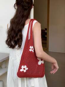 时尚镂空针织女包休闲女包简约钩针包女士购物袋，母亲节礼物送给妈妈的书包适合毕业生、少女、新生、二年级学生、大三和大四学生、大学和高中，非常适合户外、旅行和返校，书包，便携，大容量，沙滩钱包，非常适合夏季、度假和日常使用^ - 紅色 - 查看 6