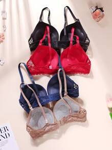 4pcs Ladies Casual-Comfortable Minimalist-Elegant French Mature Charm-Lace Splicing Wire-Free Gathering Bras