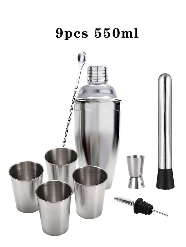 9pcs Cocktail Glasses,Cocktail Shaker Set Bartender Kit With Stand | Bar Set Drink Mixer Set With All Essential Accessory Tools: Martini Shaker, Jigger, Strainer, Mixer Spoon, Muddler, Liquor Pourers |Silver Professional Stainless Steel Bar Tools,Blender,Stainless Steel Shaker,Wine Guide,Iron Cups