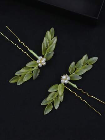 1 Piece Elegant Green Bamboo Flower Design Hair Clip, 10CM Long Chinese Hair Decoration, Five Leaf Flower With Bamboo Leaf Shape Suitable For , Cheongsam With Tassel, Metal Material, Easy To Use - High Quality Design, Hair Accessories