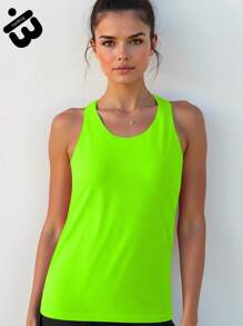 1 pièce Débardeur de sport pour femmes sans manches dos nageur ouvert en vert néon. Tissu respirant et fonctionnel parfait pour la gym, l'entraînement, la course, le yoga, la randonnée en plein air, le camping d'été, les week-ends décontractés et les vacances à la plage. Très pratique.