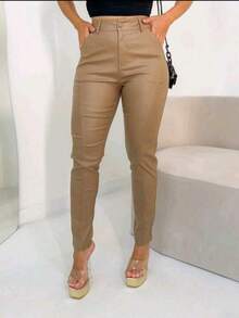Women's Resin Pants With Elastane And Pocket - Beige - View 3