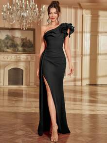 修身春夏婚礼派对宾客礼服，高开衩设计，珍珠串珠，荷叶边装饰，露背，优雅 - 黑色 - 查看 5