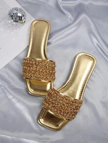 French Luxury Fashion Plus Size Beach Vacation Versatile Rhinestone Indoor/Outdoor Non-Slip Lightweight Fresh Mom Slippers,Spring Summer Outfits - Gold - View 5