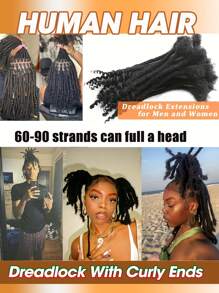 Extensões de dreadlocks de crochê feitas à mão, cabelo humano com pontas cacheadas, 0,6 cm de comprimento, 0,4 cm de largura, 8-20 polegadas, preto natural, unissex, para mulheres e homens, cabelo de crochê, 10 fios