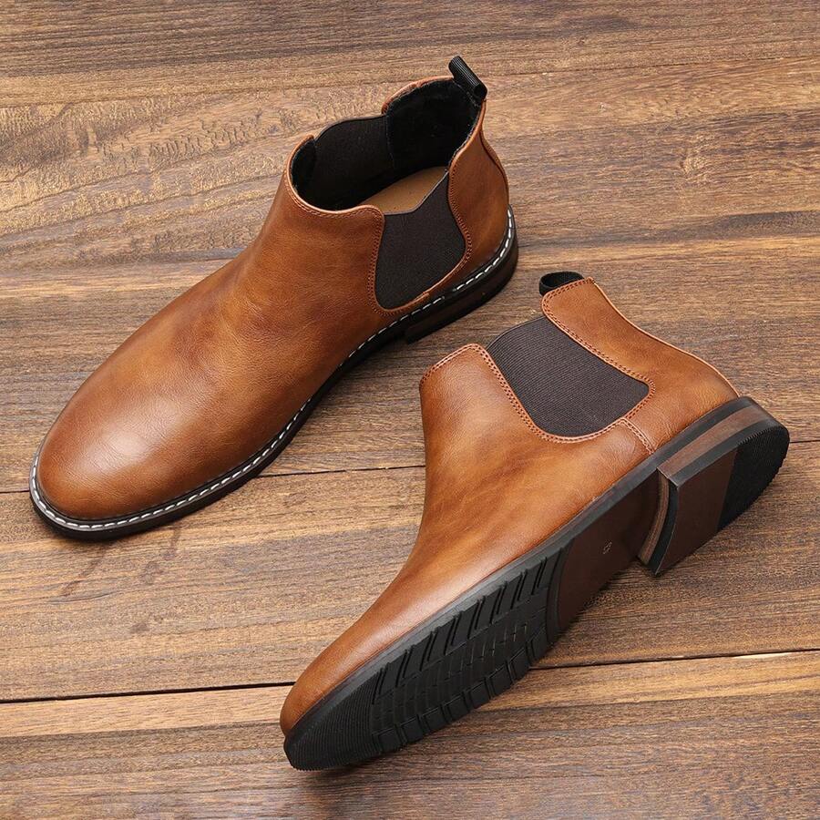 男士切尔西靴，通勤商务橡胶木跟鞋底，休闲复古风格踝靴