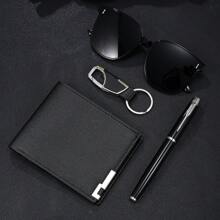4pcs Men's Creative & Fashionable Business Casual Wallet Set, Versatile Multi-Function Wallet, Keychain, Ballpoint Pen And Sunglasses, Ideal Holiday Gift For Him, Solid Color PU Leather Anti-Theft Wallet, Romantic Holiday Atmosphere & Elegant