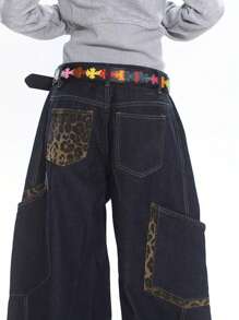 1 pieza Pantalón de mezclilla de carga tipo cargo holgado con parches para hombres, pantalones de cargo estilo calle americana, pierna ancha, de moda y versátil