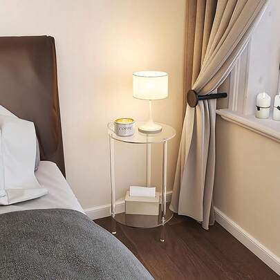 1 件亚克力圆形边桌，卧室床头柜，客厅沙发桌，双层透明小圆桌，适用于卧室、客厅、浴室