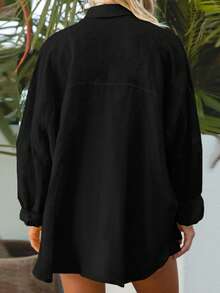 Women's Casual Summer Black Loose & Comfortable Commuting Single-Breasted Multi-Button Shirt And Wide Leg Shorts Set