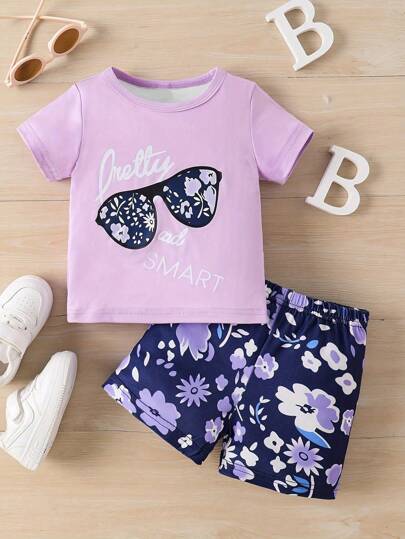 Set de 2 piezas de Top con gráfico de flor y gafas de sol y Shorts informales y coloridos para niña, conjunto de moda para primavera/verano