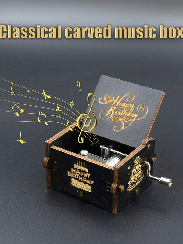 صندوق موسيقى خشبي يدوي الطراز القديم - "عيد ميلاد سعيد" ذو ألحان منحوتة، بموضوع عائلي، بدون كهرباء، مناسب لعيد الميلاد وعيد الحب والكريسماس