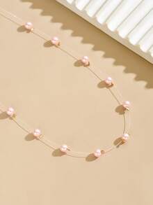 1pc Retro Transparent Fishing Line Faux Pearl Charm Short Necklace - Pink - View 3