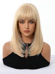 14 Inch Golden Bobo Hairstyle With Bangs - Natural Charming Medium Length Synthetic Wig, Suitable For Women - Gold - View 4