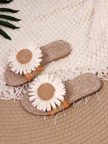 (Order One Size Up Than Usual) 1 Pair Girls Rainbow Sunflower Decor Open Toe Slippers, Suitable For Beach, Travel, Photography, School, Indoor And Outdoor Activities - Orange - View 3