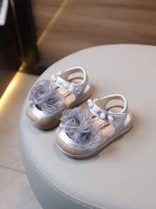 1 Pair Girls' Flower & Tower Design Classic Children PU Lace-Up Flat Sandals With Pearl Decor, Cute Baby/Toddler Summer/Spring/Autumn/Winter Shoes
