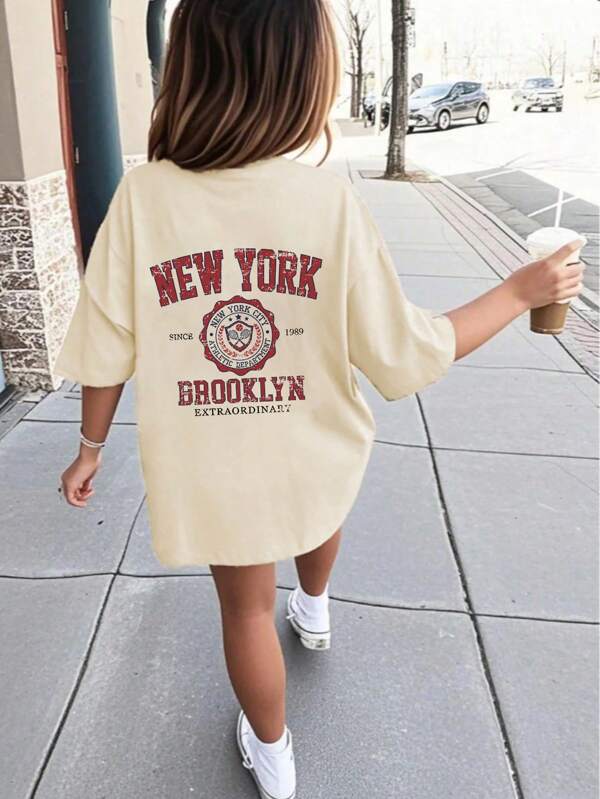 1pc Vintage Red & Blue NYC Slogan Graphic Casual Short Sleeve Oversized T-Shirt For Girls, Suitable For Children Summer Tops