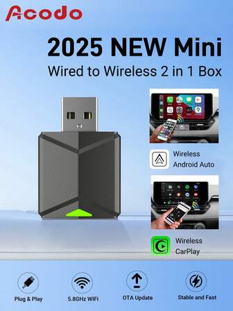 XUDA 2025 NUEVO Mini Caja de Carplay Ai Cableada a Carplay inalámbrica y Android Auto Adaptador 2 en 1 para el 99% de los coches originales con Carplay/Android Auto cableados WiFi de 2.4~5.0 GHz WiFi5 Elegante y portátil