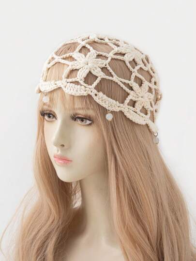 1pc Women's Fashionable Lightweight Long Beanie Hat With Hollow Sequin Decor, Hand-Knitted, Suitable For Spring, Summer, Autumn Daily Outdoor Wear