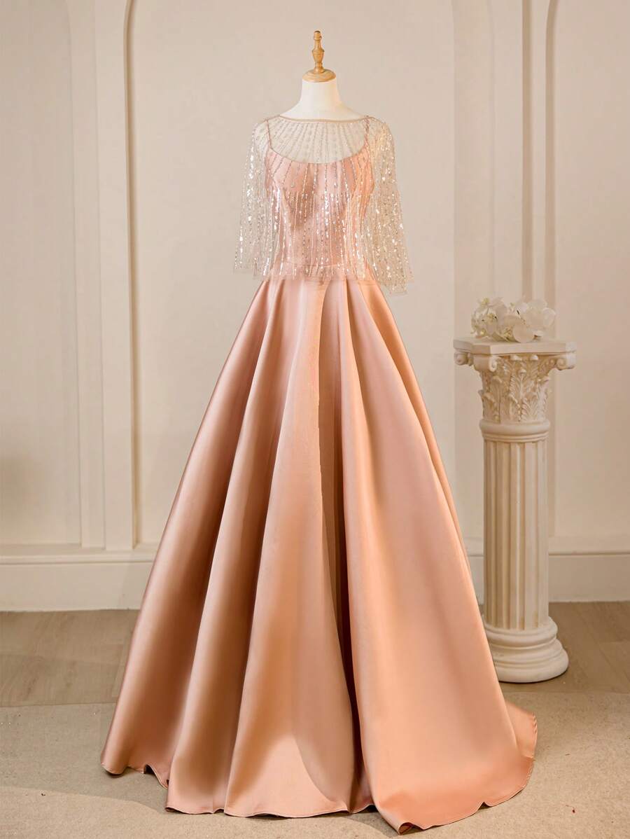 Women's New High-End Elegant Sequin Mesh Shawl With Spaghetti Strap A-Line Evening Dress, Including Shawl, Formal, Party Dress, Gown, For Wedding Guest