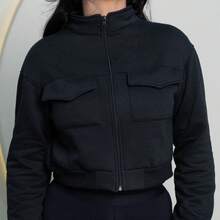 Women's Cropped Jacket With Pockets And Plush Zipper Winter Fashion - màu đen - Xem 6