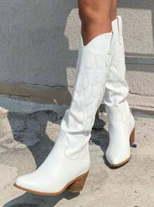Botas vaqueras para mujer, botas vaqueras hasta la rodilla, bordadas, tacones gruesos, punta puntiaguda, botas vaqueras altas y largas, sin cordones