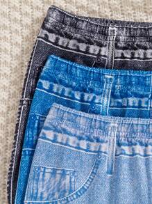 3pcs Girls Denim Effect Print Fitted Pants Set