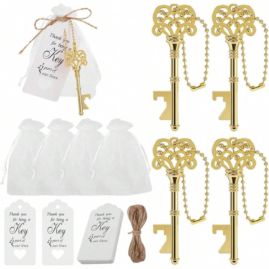 20 قطعة فتاحة زجاجات بشكل مفتاح هيكل عظمي قديم مع أكياس أورجانزا وبطاقات شكر وحبال الخيش والسلاسل ، هدايا زفاف مثالية وهدايا لحفلات استحمام الطفل للضيوف