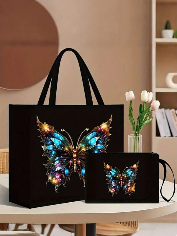 2 Pieces Pink Butterfly Print Tote Bag Set,Durable Jute With Stylish Pattern, Including Handy Coin Purse, Perfect For Shopping, Travel & Beach Adventures,Multifunctional Women's Bag, Suitable For Daily, Travel, Shopping, Work, Gift Giving