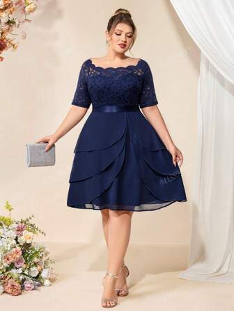 Große Größen Off-Shoulder Blumen Spitze Kontrast Chiffon Rüschen Saum Abendkleid im Swing-Stil, elegantes Ballkleid halb formell für Hochzeitsgäste, Abschlussball, für Geburtstag, Homecoming