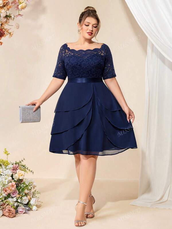 Plus Off Shoulder Floral Lace Contrast Chiffon Ruffle Trim Hem Evening Party Swing Dress, Elegant Prom Semi Formal Wedding Guest Dress, Graduation Dress, For Birthday, Homecoming