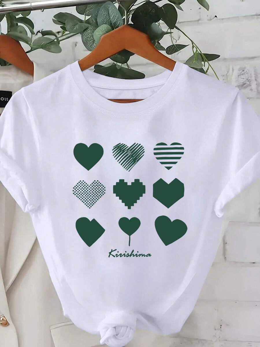 Camiseta de mujer con diseño de corazón y lema - tejido casual - blanca con corazones verdes, perfecta para primavera/verano/otoño