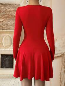 abyoxi Solid Color Sexy Front Cut Out Ruched Long Sleeve Ruffle Hem Slim Fit Dress Elegant Casual Commute Romantic,Wedding Party,Birthday Party,Wedding Guast,New Women's Clothing