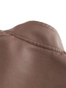 女士修身皮夹克，轻便春秋外套，立领仿皮机车夹克 - 咖啡棕 - 查看 12