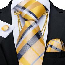 4 件男士轻薄领带 150 厘米条纹佩斯利黄玫瑰红领带和手帕袖扣方形透气领带夹套装婚礼派对伴郎礼物 - 彩色 - 查看 12