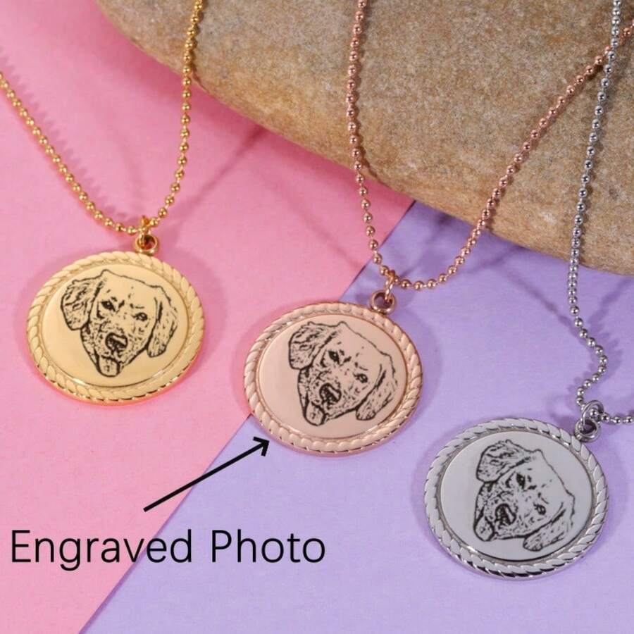 1pc Customized Laser Engraved Geometric Edged Stainless Steel Necklace With Photo, Memorial Gift