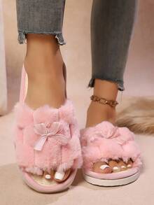 女士蝴蝶结露趾拖鞋，透气舒适柔软鞋底，适合客厅和卧室，四季皆宜 - 粉色 - 查看 2