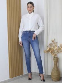 Camisa feminina colarinho manga longa tecido leve liso - Maxma 2019  Simples  Casual  elegante  Poliéster  Botão