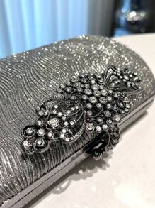 1pc Gray Glitter Crystal Decor Elegant Women's Evening Clutch Bag, Suitable For Banquet, Wedding, Party, Formal Occasions, Fashion Handheld & Shoulder Bag With Metal Chain