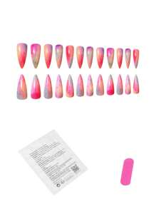 24 Pieces Long Almond Shaped Press On Nails, French Color Smudged Summer Nails, Sweet Cool Fresh Style, Suitable For Women And Girls Daily, Work, Travel Vacation