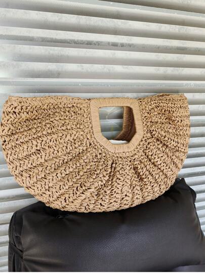 1 pezzo Borsa shopping di grandi dimensioni colore cachi per vacanze, borsa in paglia intrecciata con apertura ampia, adatta per viaggi, vacanze, spiaggia