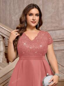 Vestito da cocktail elegante, a scollo a V, con contrasto di paillettes, decorazione floreale in pizzo, a ruota, adatto per feste di promo, feste di laurea, compleanni, e cerimonie