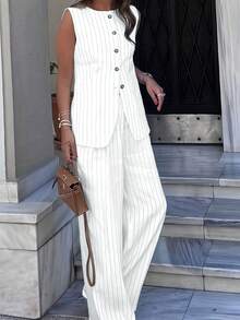 Women Striped Single-Breasted Sleeveless Shirt And Pants Casual 2 Pieces Set - Multicolor - View 6