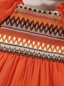 Girls' Summer Casual Fashion Color Block Geometric Pattern Puff Sleeve Dress, Suitable For Daily Outings - Orange - View 5