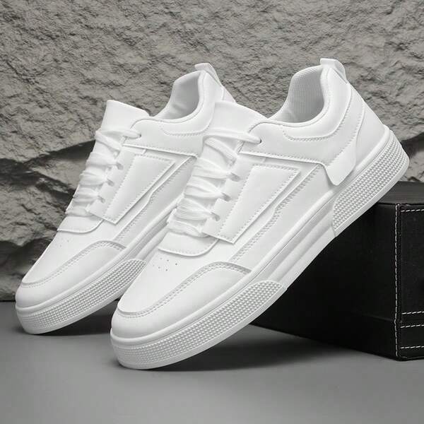 Zapatos casuales de hombre de piel sintética blanca con parches, zapatillas de plataforma minimalistas de moda con cordones y amortiguación para jóvenes